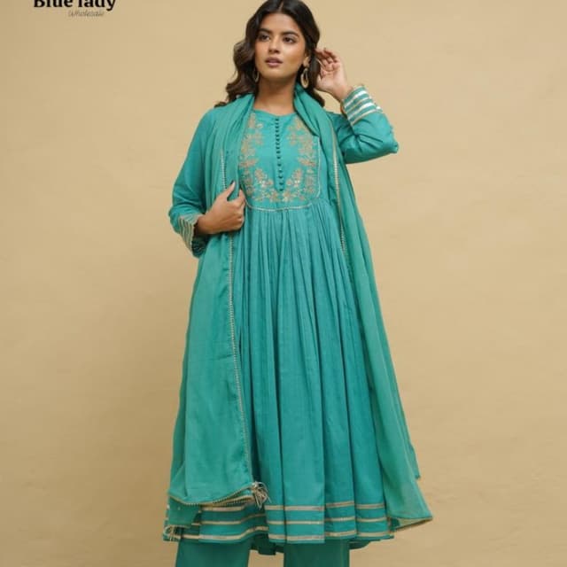 Teal green with gold accents Anarkali Suit Set