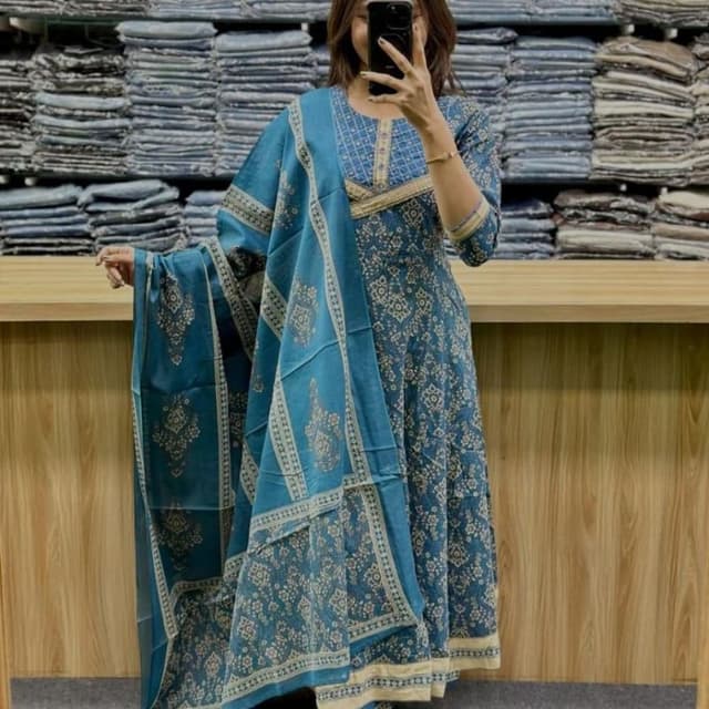 Teal blue with cream/beige print Kurta Set with Dupatta