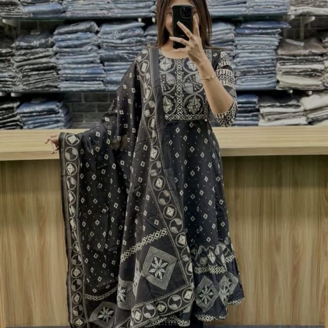 Black and White Kurta Set with Dupatta