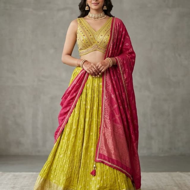 Lime green, Fuchsia pink, Gold Lehenga Choli