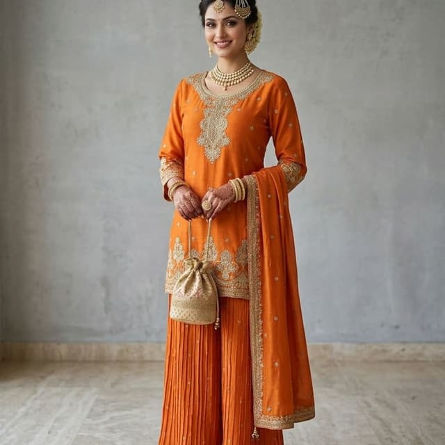 Orange with Gold embroidery Kurta Set with Palazzo Pants