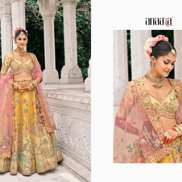 Pastel Yellow, Pink, Teal, Gold, Multi-colored floral embroidery Lehenga Choli