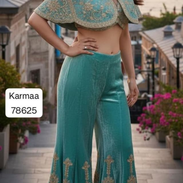 Teal green with gold embroidery Co-ord set (Crop top, Cape, Palazzo pants)