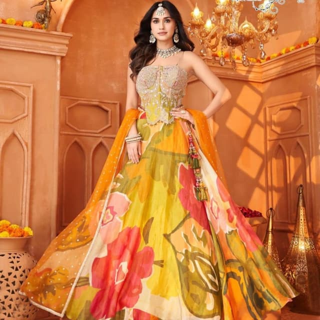 Yellow, Orange, Pink, Green Lehenga Choli