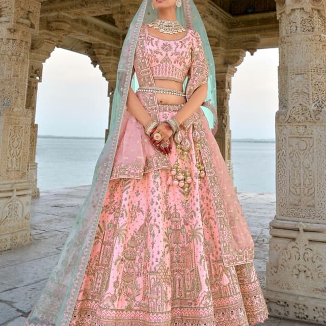 Pink, Mint Green, Gold Lehenga Choli