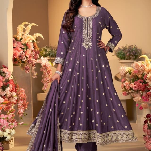 Deep Purple with Gold accents Anarkali Suit with Palazzo Pants and Dupatta