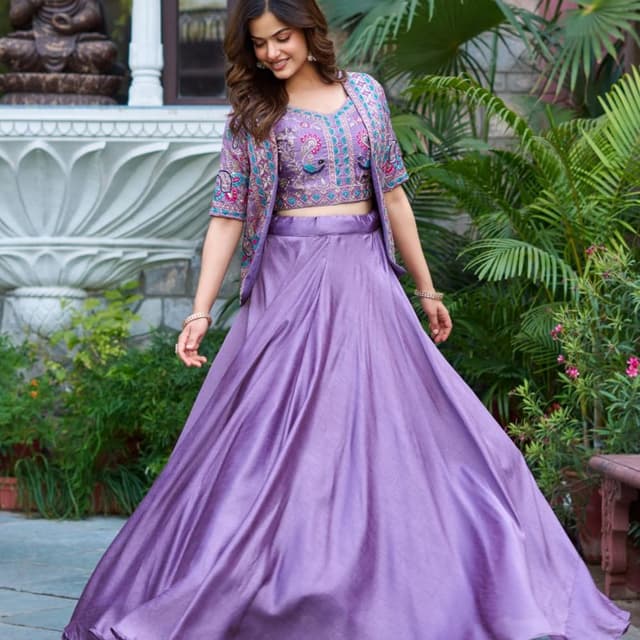 Purple with multi-colored embroidery (blue, pink, green, gold) Lehenga Choli with Jacket