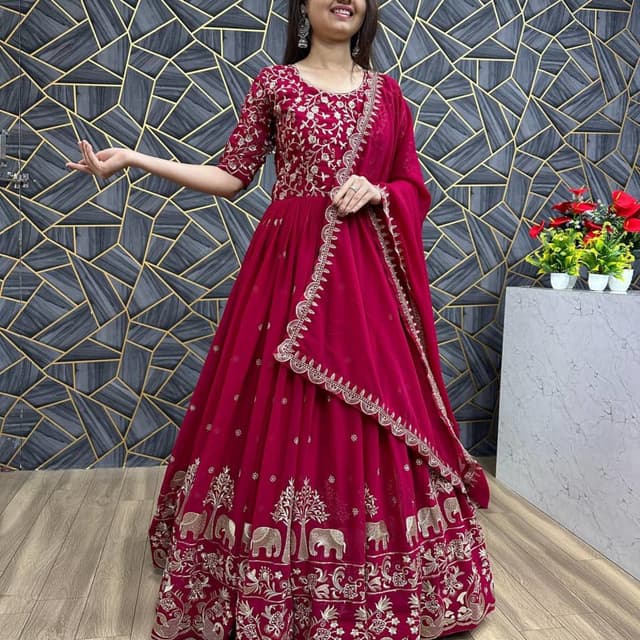 Deep Pink/Magenta with Gold Anarkali Suit