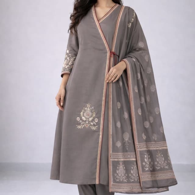 Grey with subtle red and gold accents Kurta Set