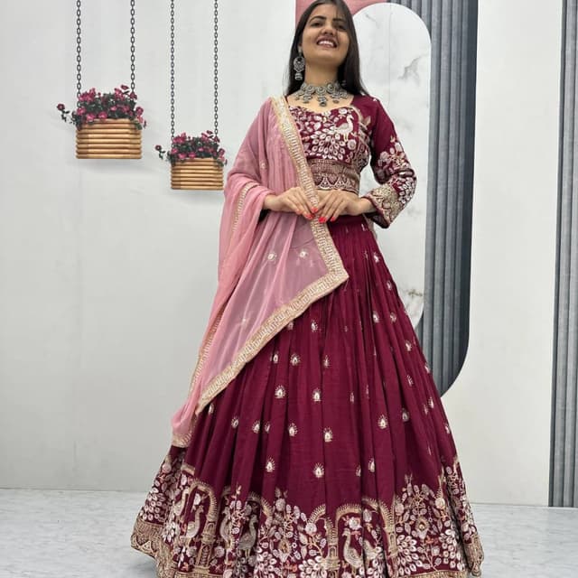 Maroon and Pink with Gold and Silver Embellishments Lehenga Choli