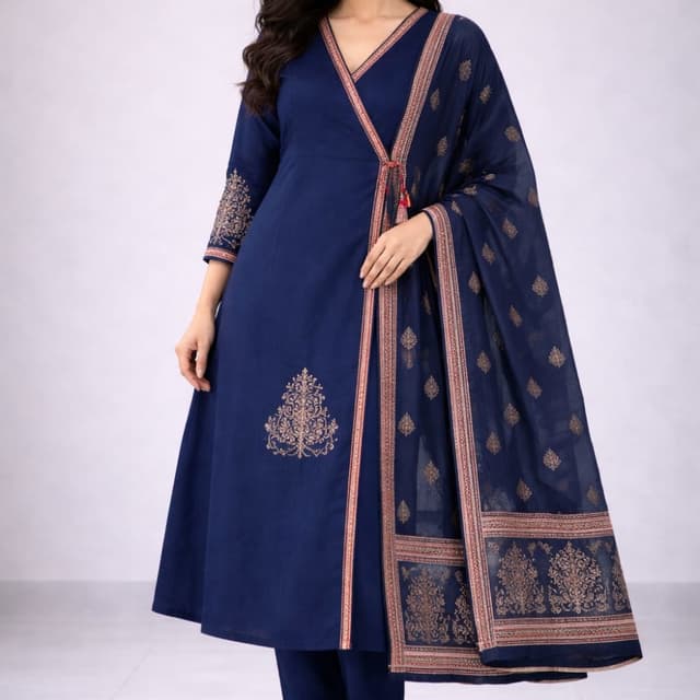 Deep Blue with Gold and Red accents Angrakha style kurti with pants and dupatta