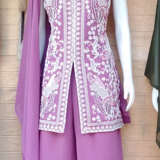 Lavender and White Kurta Set with Palazzo and Dupatta