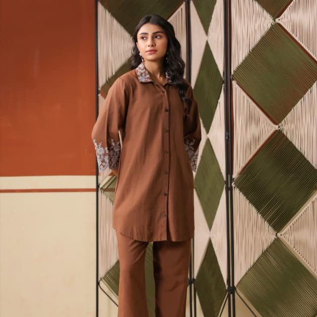 Brown, White Kurta and Pants Set