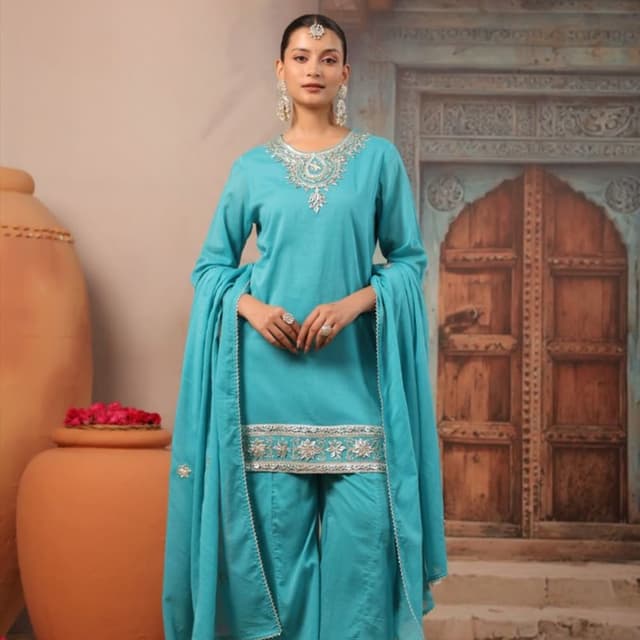 Turquoise blue with silver embellishments Kurta set with Palazzo pants and Dupatta