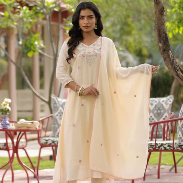 Cream with pastel embroidery Kurta Set