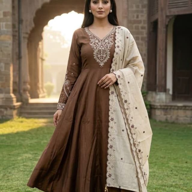 Brown, Cream, Beige Anarkali Suit