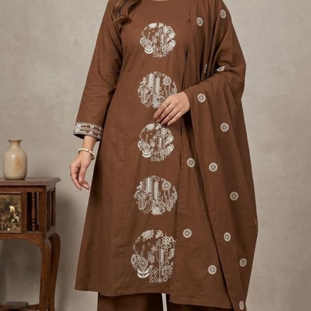 Brown with White/Silver Embroidery Kurta Set (Kurta and Palazzo Pants with Dupatta)
