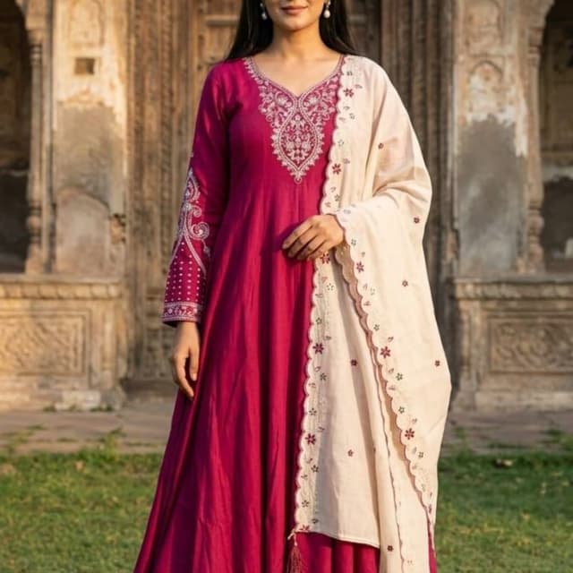 Deep Pink, Cream, Maroon accents Anarkali Suit with Palazzo