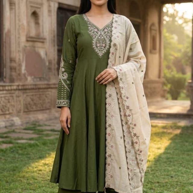 Olive Green, Beige, White, Pink Kurta Set (Kurta, Palazzo, Dupatta)