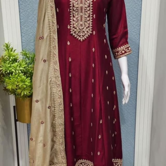 Maroon, Gold Anarkali Suit