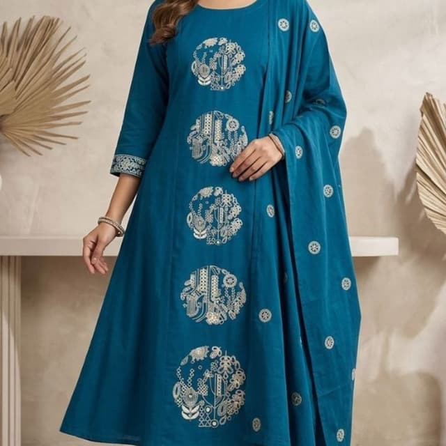 Teal blue with white/silver embroidery Kurta set with Dupatta