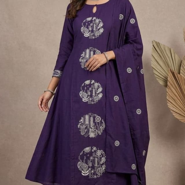 Deep Purple and White/Silver Kurta with Palazzo and Dupatta