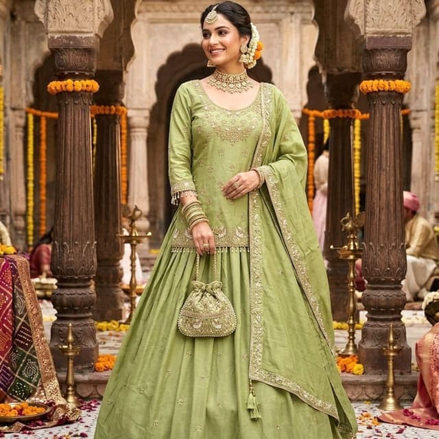 Lime Green with Gold Lehenga Choli