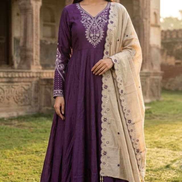 Deep Purple, Beige, White Anarkali Suit with Palazzo