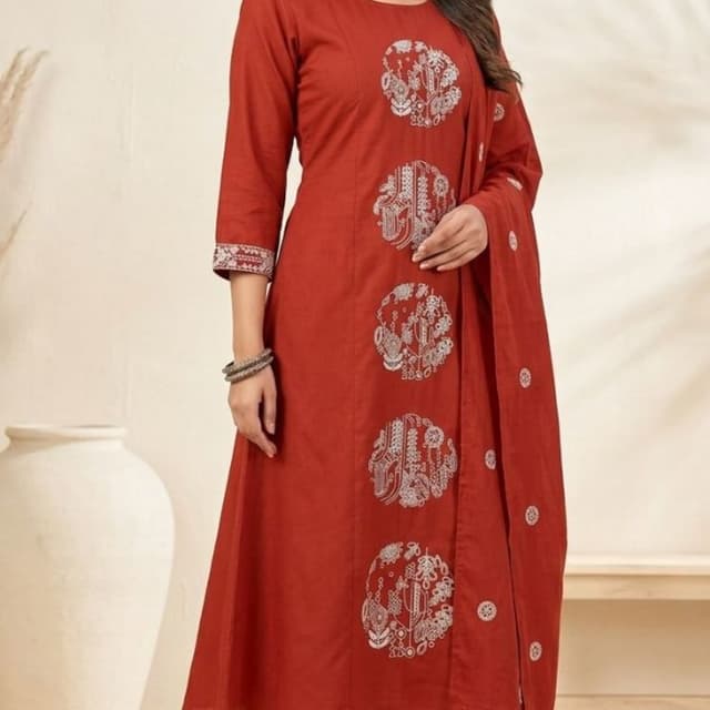 Red with white/silver embroidery Kurta Set (Kurta, Pants, Dupatta)