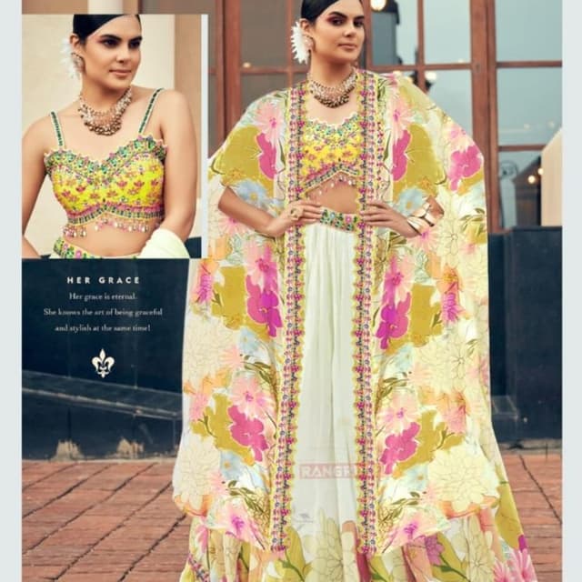 Yellow, Pink, Green, Cream Lehenga Choli, Cape