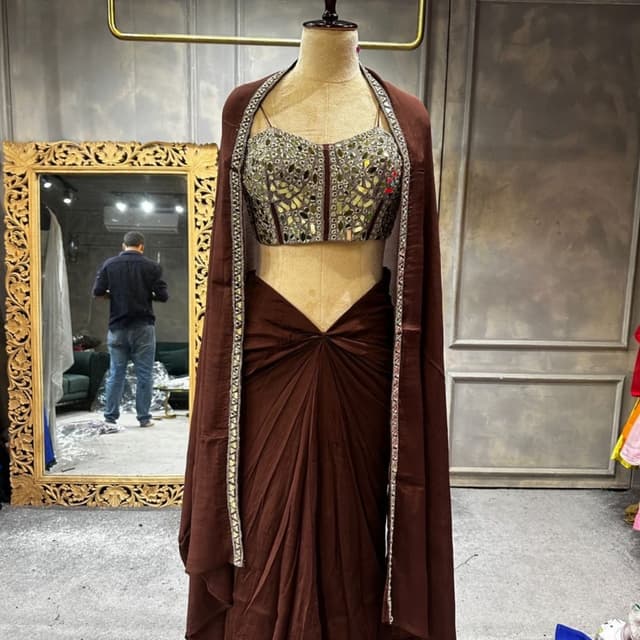 Brown, Silver, Gold, Red accents Lehenga Choli with Cape