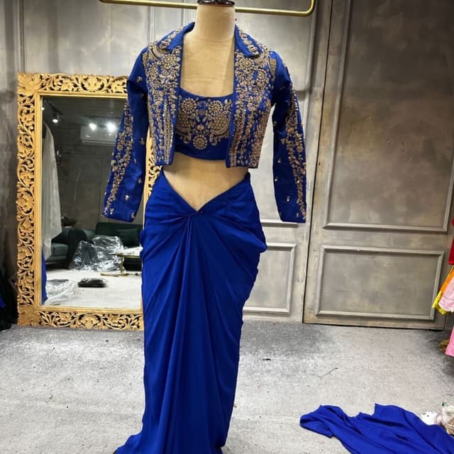 Royal Blue with Gold Saree Set with Jacket