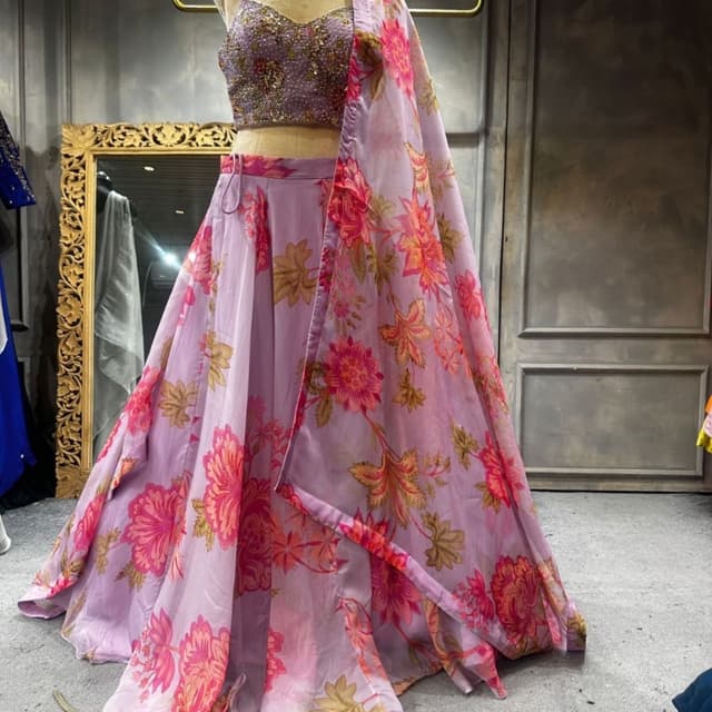 Lavender with pink and orange floral print Lehenga Choli Set