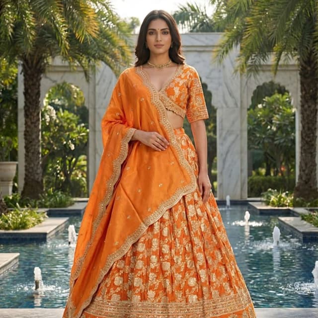 Orange, Gold Lehenga Choli