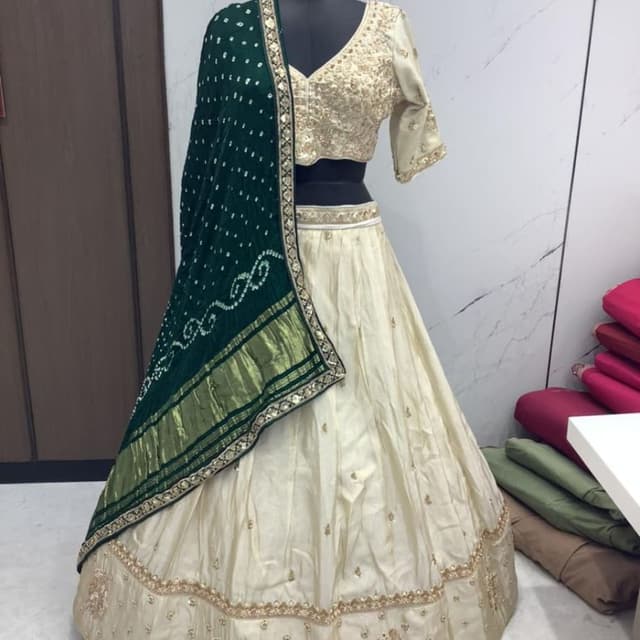 Cream, Dark Green, Gold Lehenga Choli