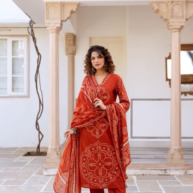 Rust Orange with White Print Kurta Set with Dupatta