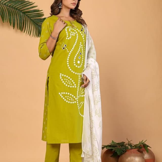 Lime Green, White Kurta Pant Set