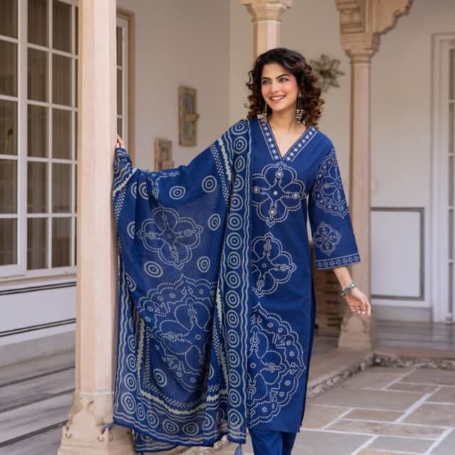 Deep Blue with White/Cream Bandhani Print Kurta Set (Kurta and Pants with Dupatta)