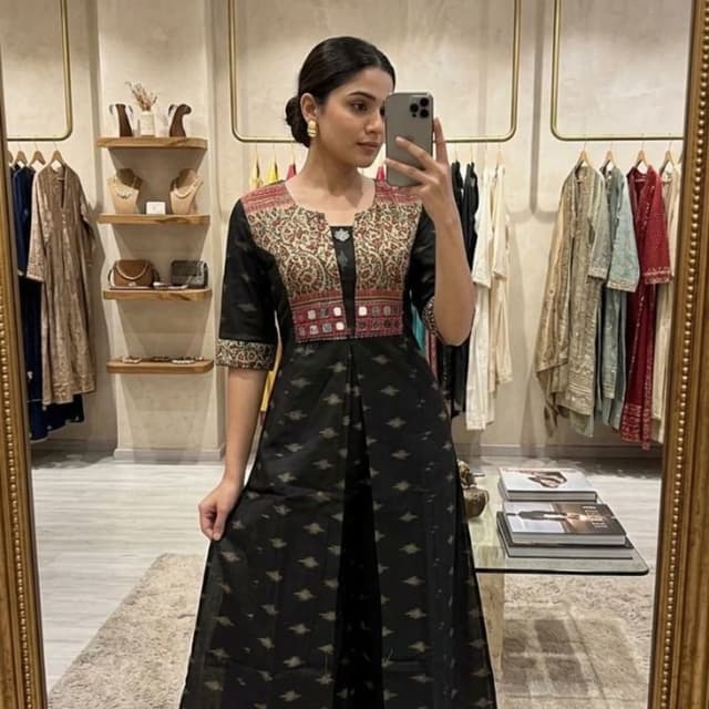 Black with red and beige accents Kurta with Palazzo Pants