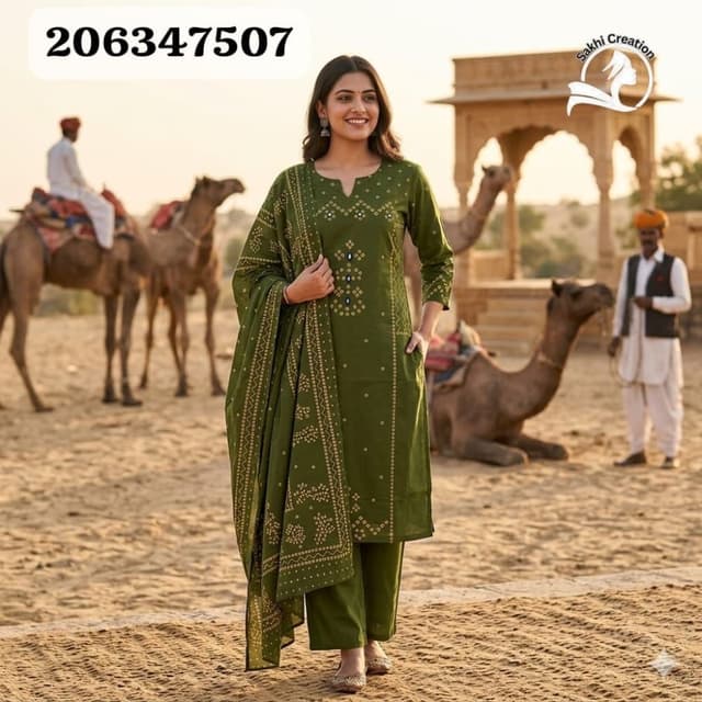 Olive Green with Golden Print Kurta Set (Kurta, Pants, Dupatta)