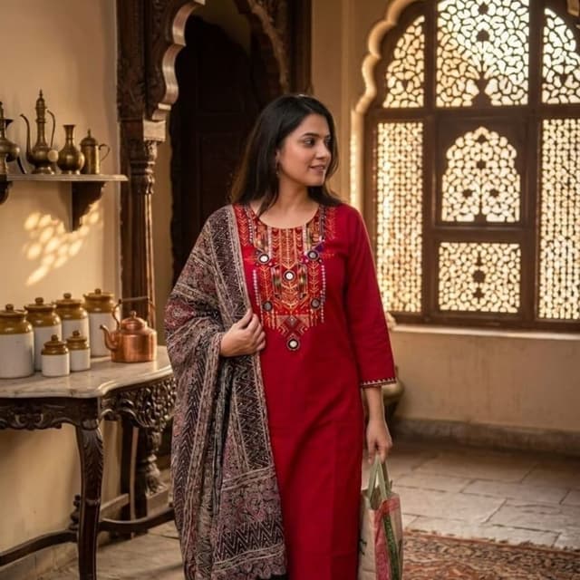 Red, Maroon, Black, Beige, Gold Kurta Set