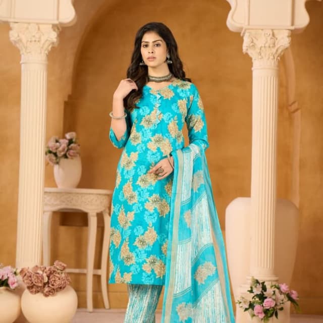 Turquoise blue with gold and white floral print Salwar Kameez Set