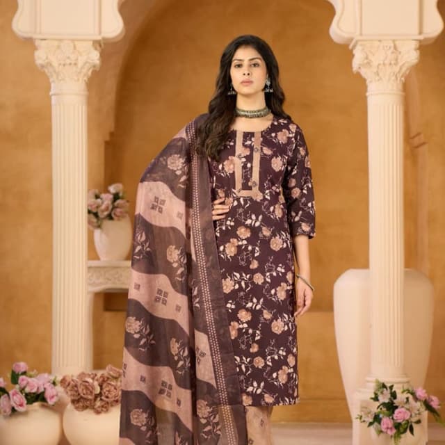 Deep Brown with Beige and Rose Floral Print Salwar Kameez Suit with Dupatta