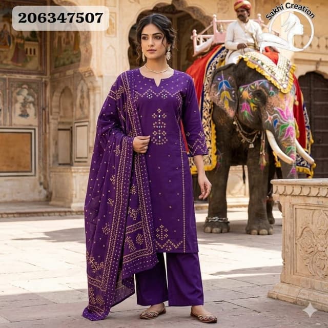 Deep Purple with Gold Print Kurta Palazzo Set with Dupatta