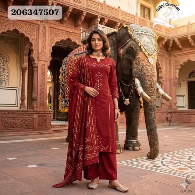 Maroon with Gold/Yellow Prints Kurta Set (Kurta, Pants, Dupatta)