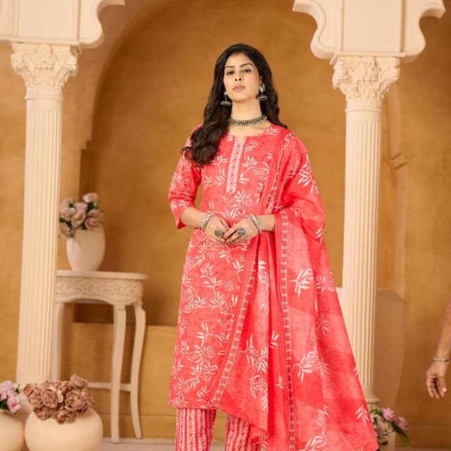 Coral with white print Salwar Kameez