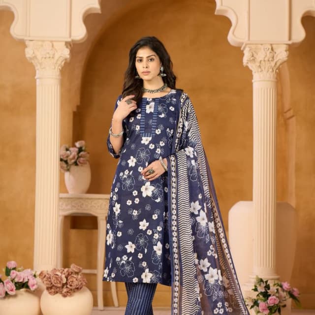 Navy Blue with White floral print Salwar Kameez