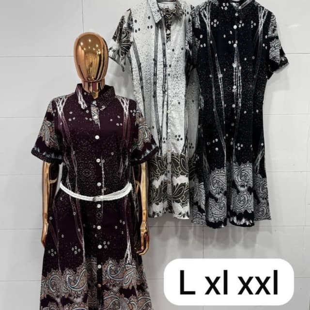 Dark Brown with beige and white paisley print, Black with white print, White with black and green print Shirt Dress