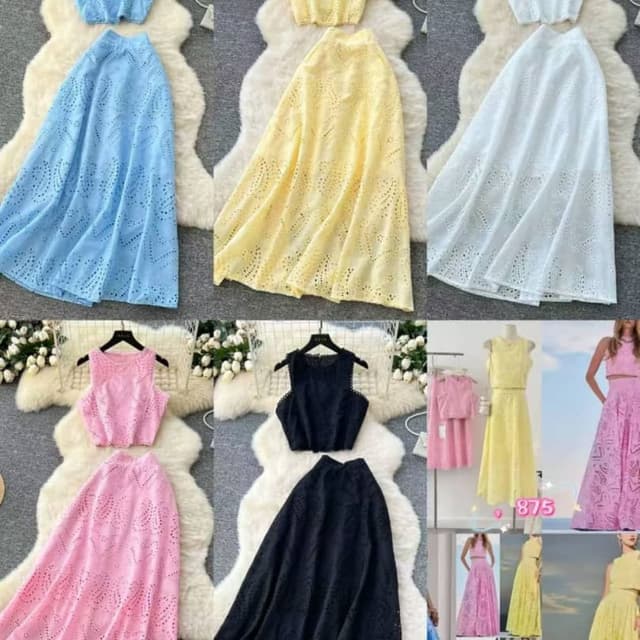 Pastel blue, Pastel yellow, White, Pink, Black Co-ord set (Crop top and Maxi skirt)