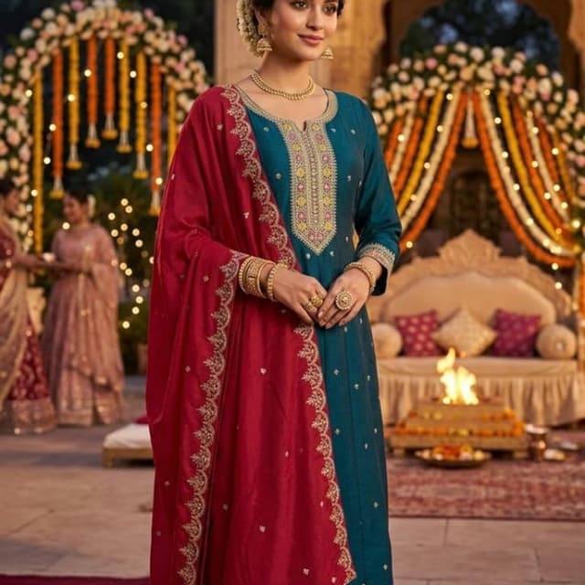 Teal and Red with Gold Embellishments Salwar Kameez